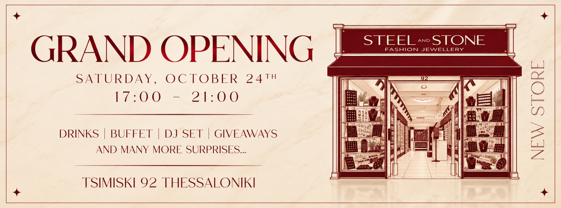 Grand Opening STEEL AND STONE – Εγκαίνια νέου καταστήματος στην Τσιμισκή 92, Θεσσαλονίκη, Σάββατο 24 Οκτωβρίου 2026, 17:00–21:00. Drinks, buffet, DJ set, giveaways και πολλές εκπλήξεις!